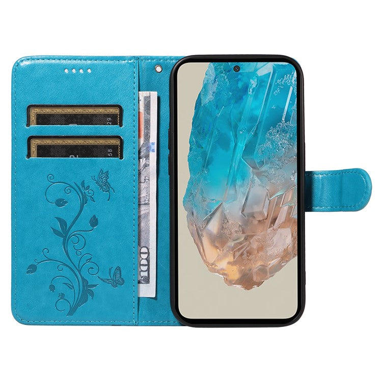 For Samsung Galaxy M35 5G PU Leather Cases Flower Pattern Wallet Stand Phone Cover with Strap - Blue