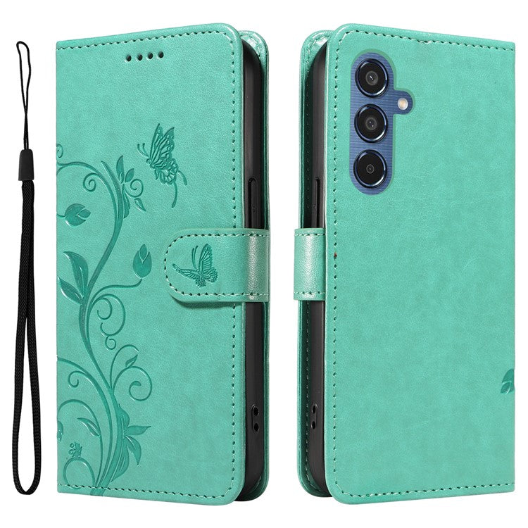 For Samsung Galaxy M35 5G PU Leather Cases Flower Pattern Wallet Stand Phone Cover with Strap - Green