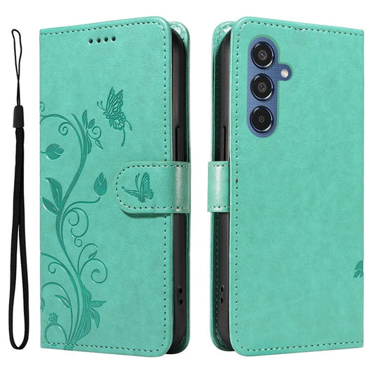 For Samsung Galaxy M35 5G PU Leather Cases Flower Pattern Wallet Stand Phone Cover with Strap - Green