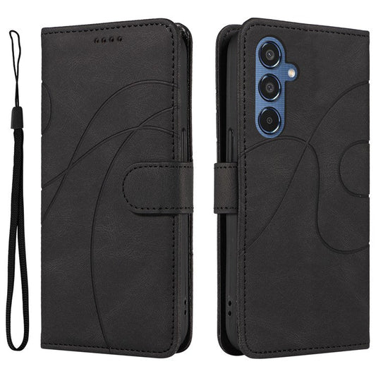 For Samsung Galaxy M35 5G Case PU Leather Wallet Stand Phone Cover Curved Line Imprinting Design - Black