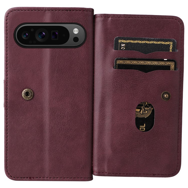 KT Multi-Functional Series-1 For Google Pixel 9 Pro XL Case 10 Card Holder Stand Folio PU Leather Phone Cover - Wine Red
