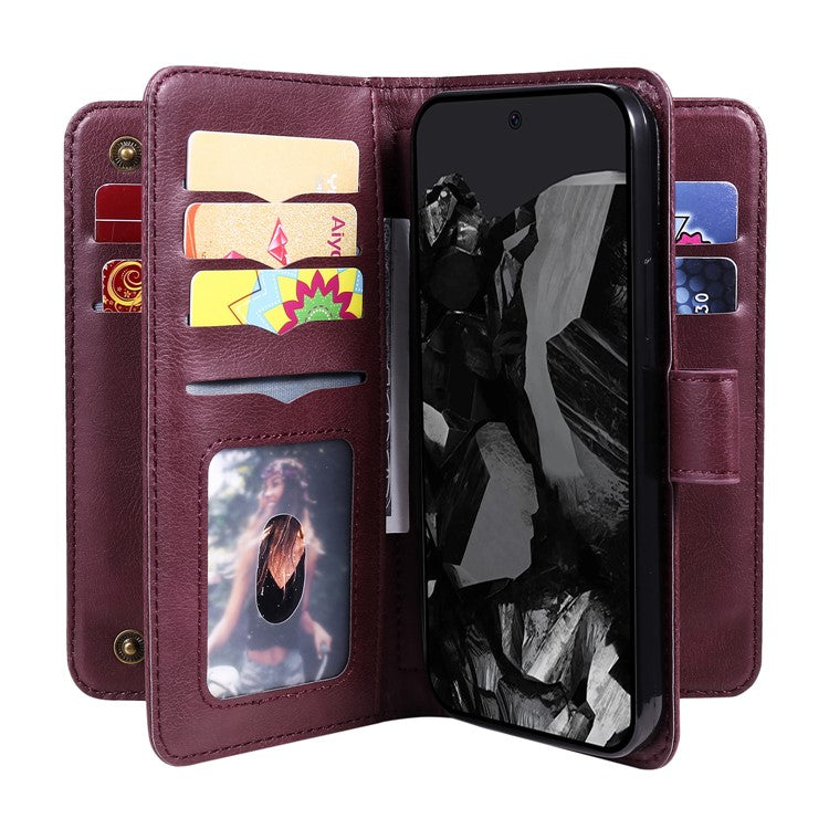 KT Multi-Functional Series-1 For Google Pixel 9 Pro XL Case 10 Card Holder Stand Folio PU Leather Phone Cover - Wine Red