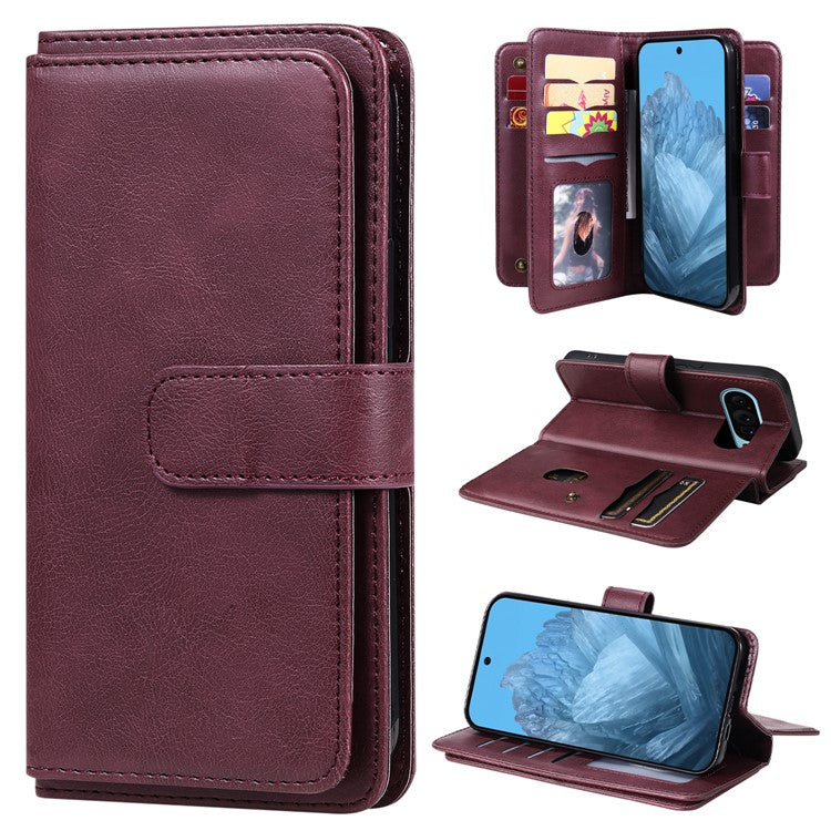 KT Multi-Functional Series-1 For Google Pixel 9 / Pixel 9 Pro Case 10 Card Holder Leather Phone Cover Stand Book Style - Wine Red