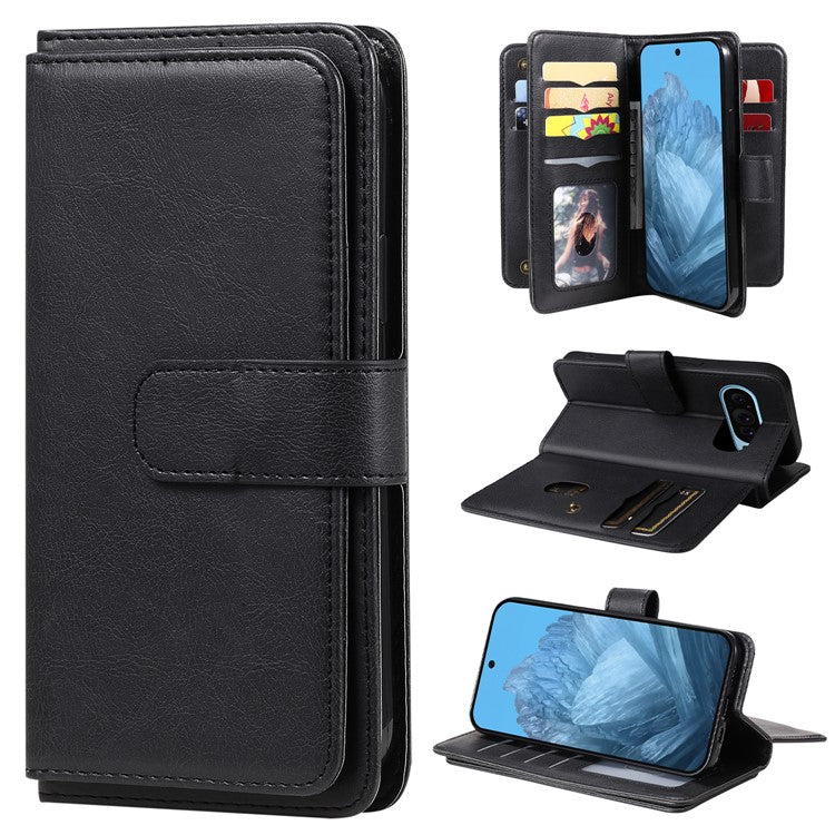 KT Multi-Functional Series-1 For Google Pixel 9 / Pixel 9 Pro Case 10 Card Holder Leather Phone Cover Stand Book Style - Black