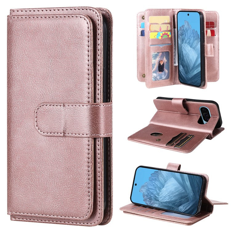 KT Multi-Functional Series-1 For Google Pixel 9 / Pixel 9 Pro Case 10 Card Holder Leather Phone Cover Stand Book Style - Rose Gold