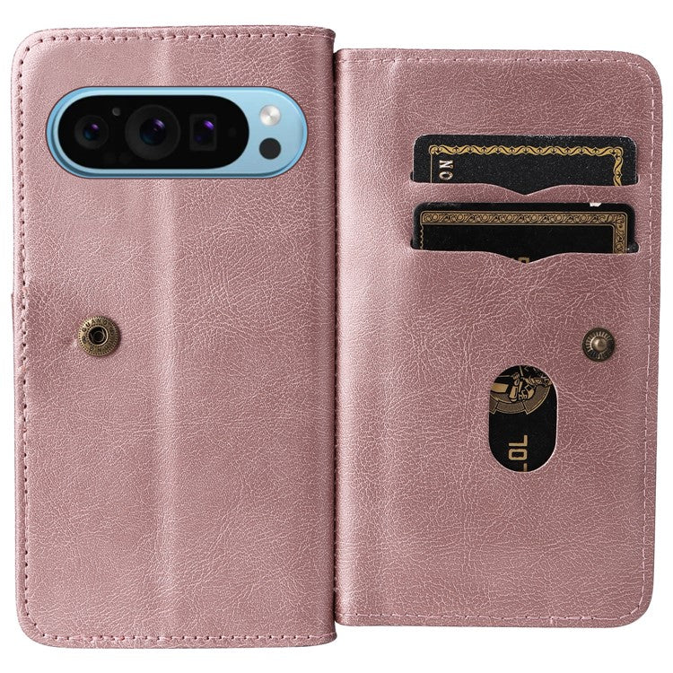 KT Multi-Functional Series-1 For Google Pixel 9 / Pixel 9 Pro Case 10 Card Holder Leather Phone Cover Stand Book Style - Rose Gold