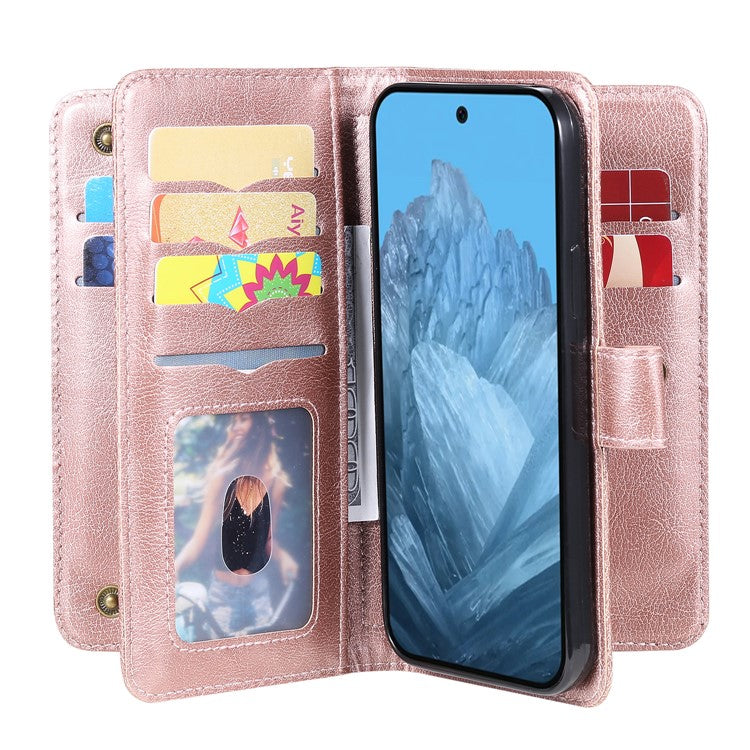 KT Multi-Functional Series-1 For Google Pixel 9 / Pixel 9 Pro Case 10 Card Holder Leather Phone Cover Stand Book Style - Rose Gold