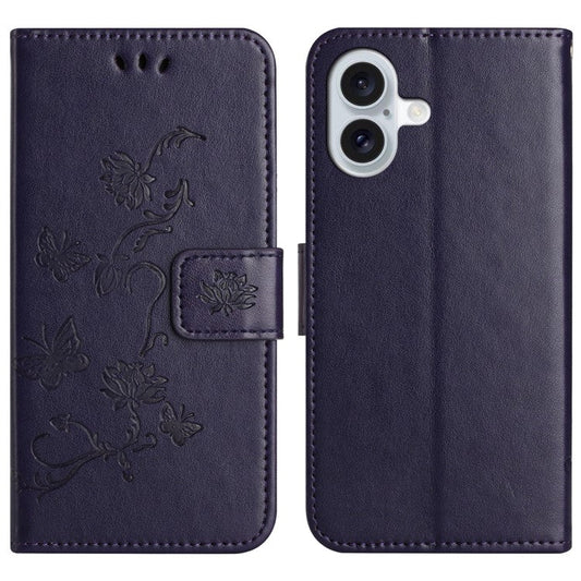 For iPhone 16 Plus Case PU Leather Wallet Phone Cover Butterfly Flower Pattern - Dark Purple