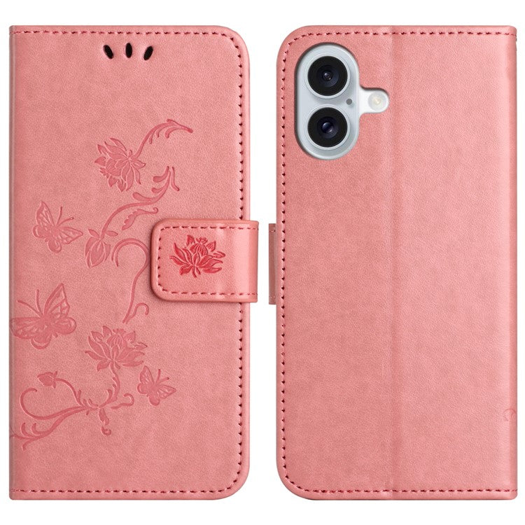For iPhone 16 Plus Case PU Leather Wallet Phone Cover Butterfly Flower Pattern - Pink