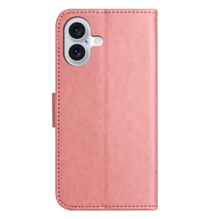 For iPhone 16 Plus Case PU Leather Wallet Phone Cover Butterfly Flower Pattern - Pink