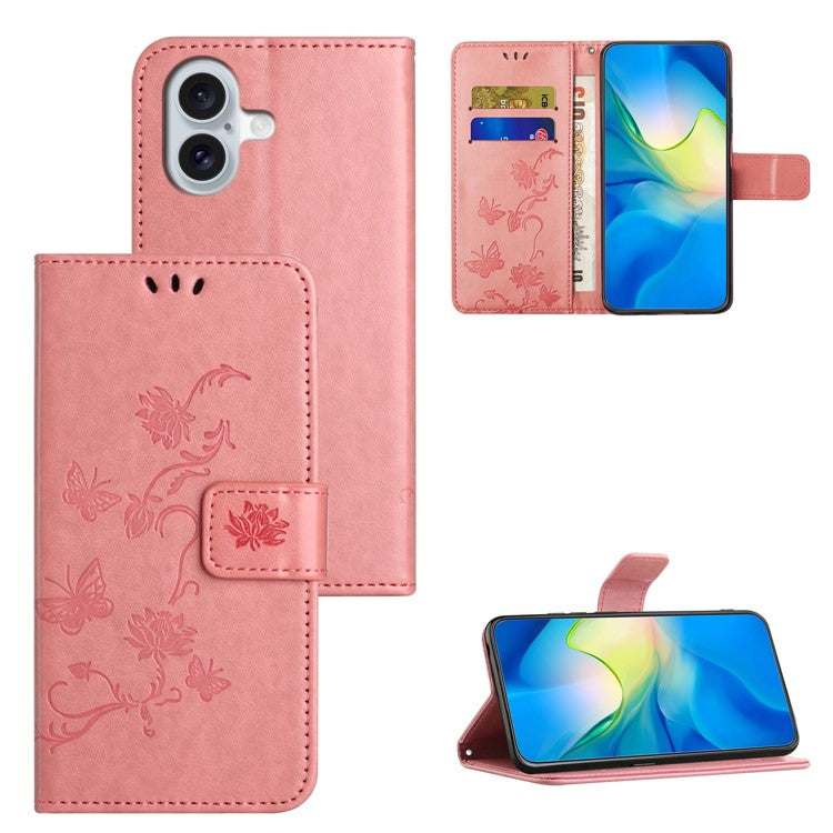 For iPhone 16 Plus Case PU Leather Wallet Phone Cover Butterfly Flower Pattern - Pink