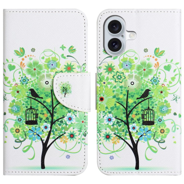 For iPhone 16 Plus Case Pattern Printing Cross Texture Phone Leather Cover - Green Tree