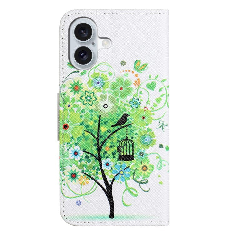 For iPhone 16 Plus Case Pattern Printing Cross Texture Phone Leather Cover - Green Tree