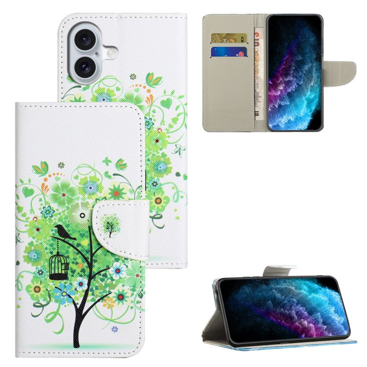 For iPhone 16 Plus Case Pattern Printing Cross Texture Phone Leather Cover - Green Tree