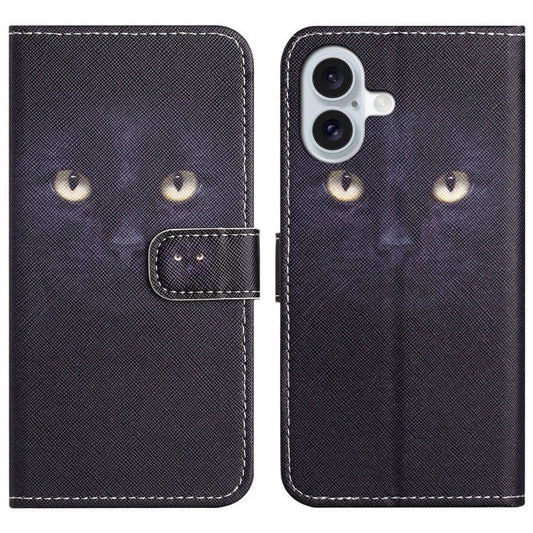 For iPhone 16 Plus Case Pattern Print PU Leather Wallet Phone Cover Cross Texture - Cat's Eye