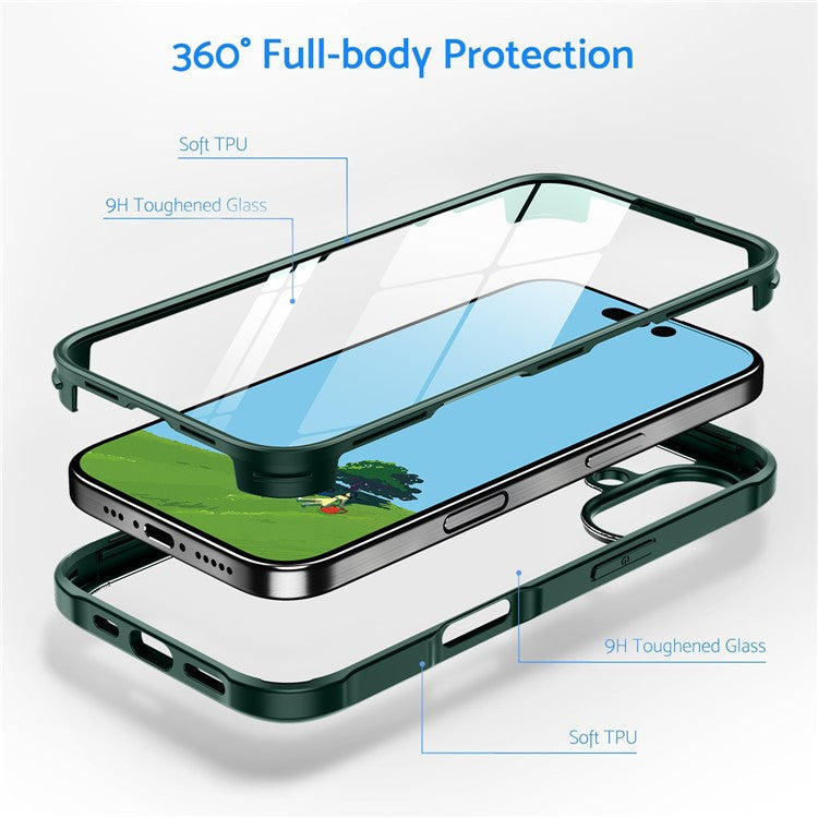For iPhone 16 Plus Case Double-Sided Tempered Glass+Silicone+TPU Phone Cover - Black