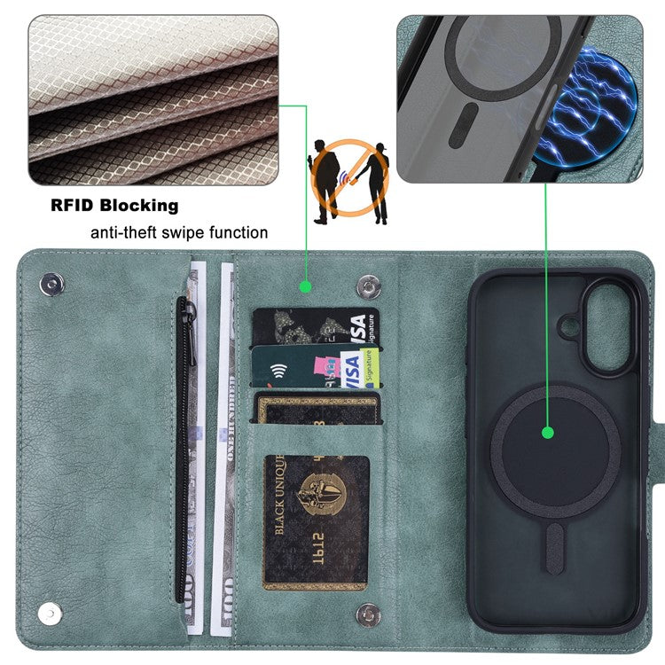 VILI GVB Series for iPhone 16 Magnetic Case Wallet Detachable PU Leather Phone Cover - Green