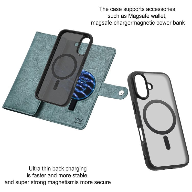 VILI GVB Series for iPhone 16 Magnetic Case Wallet Detachable PU Leather Phone Cover - Green