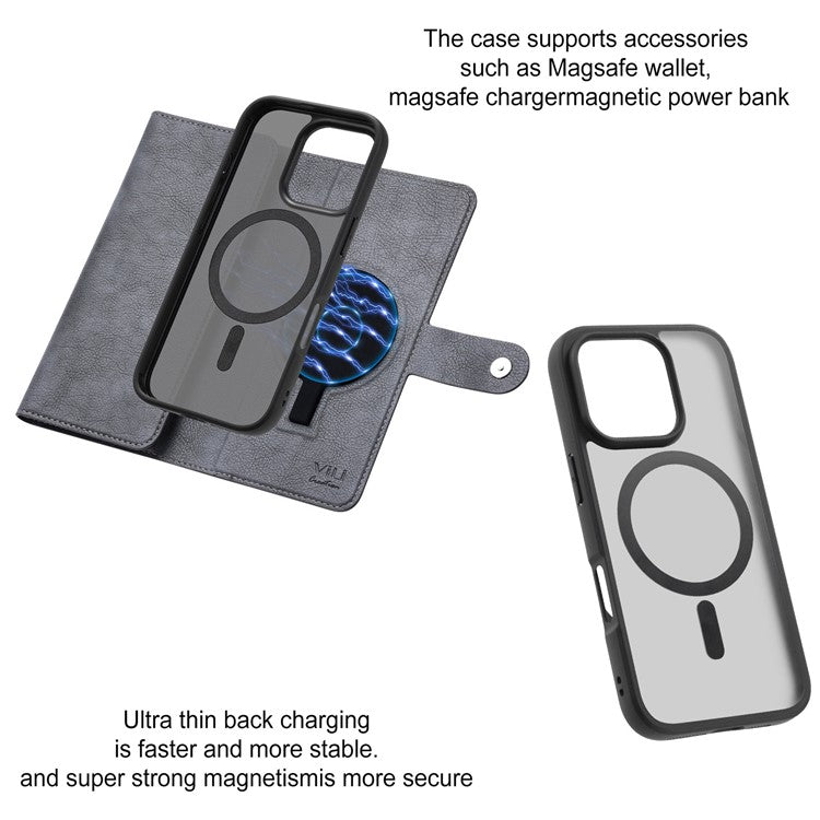 VILI GVA Series for iPhone 16 Pro Magnetic Phone Case Leather Cover Detachable 2-in-1 - Grey