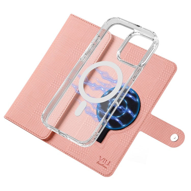 VILI GHB-C Series for iPhone 16 Pro Magnetic Case PU Leather Detachable Transparent Phone Cover - Pink