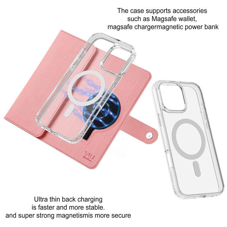 VILI GHB-C Series for iPhone 16 Pro Magnetic Case PU Leather Detachable Transparent Phone Cover - Pink