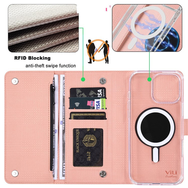 VILI GHB-C Series for iPhone 16 Pro Magnetic Case PU Leather Detachable Transparent Phone Cover - Pink