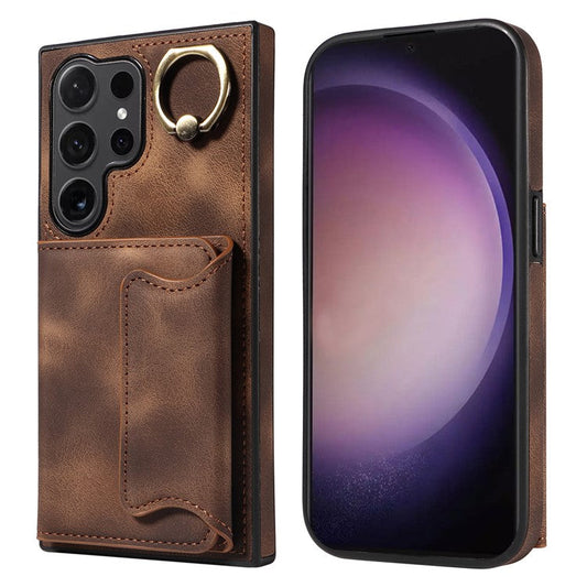 001 For Samsung Galaxy S24 Ultra Case Ring Holder Leather + TPU Anit-Fall Phone Cover - Brown