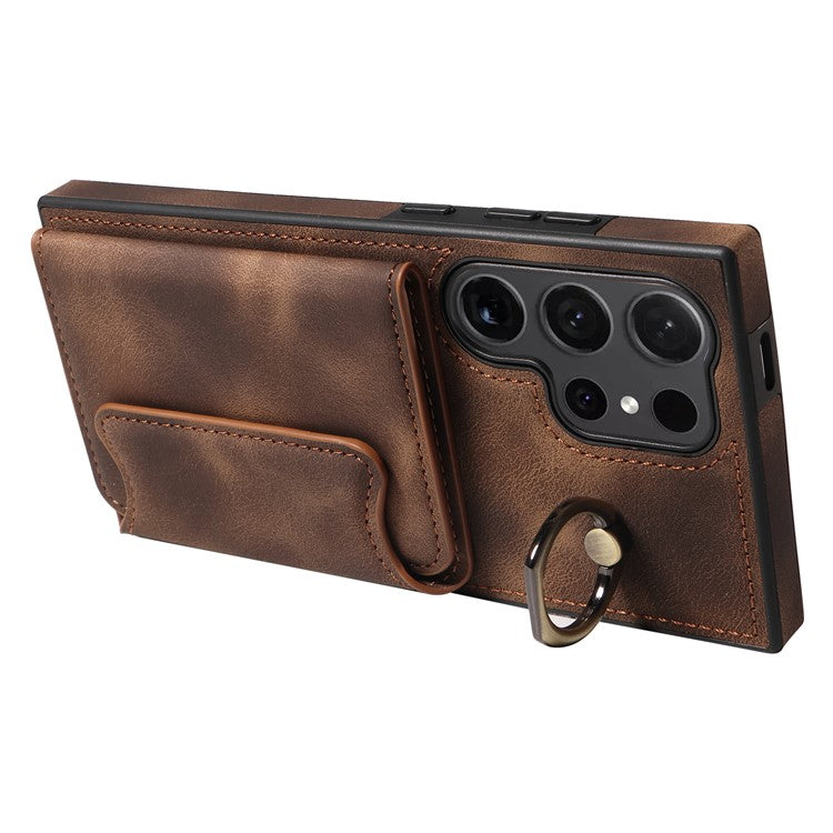 001 For Samsung Galaxy S24 Ultra Case Ring Holder Leather + TPU Anit-Fall Phone Cover - Brown
