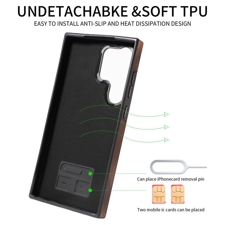 001 For Samsung Galaxy S24 Ultra Case Ring Holder Leather + TPU Anit-Fall Phone Cover - Brown
