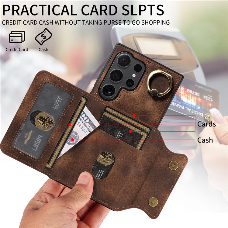 001 For Samsung Galaxy S24 Ultra Case Ring Holder Leather + TPU Anit-Fall Phone Cover - Brown