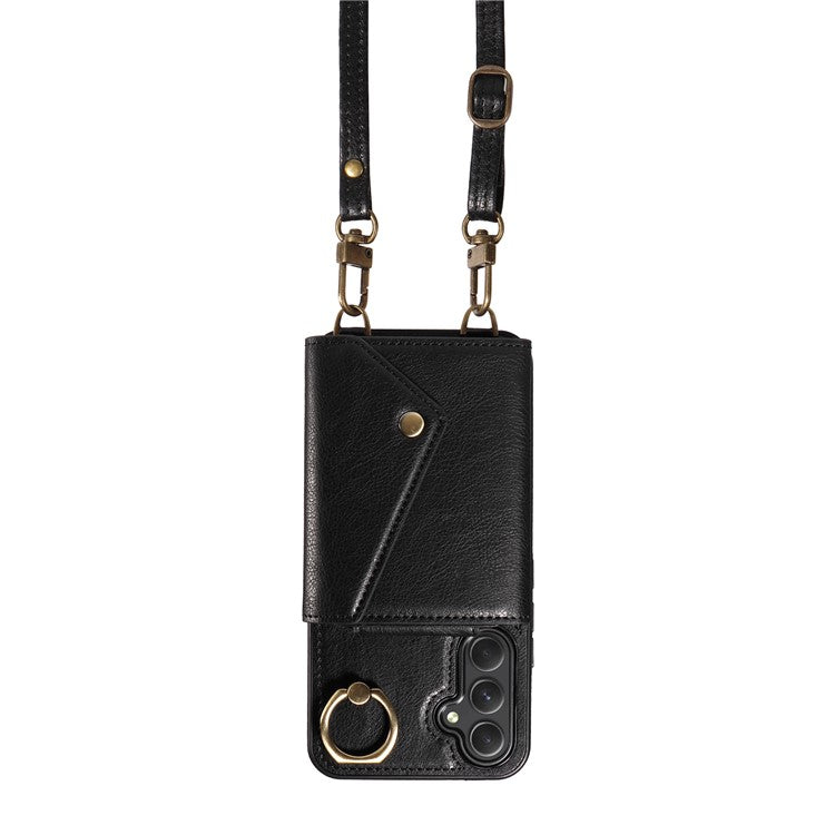 002 For Samsung Galaxy A54 5G Case Leather Card Holder Phone Case Crossbody Strap - Black