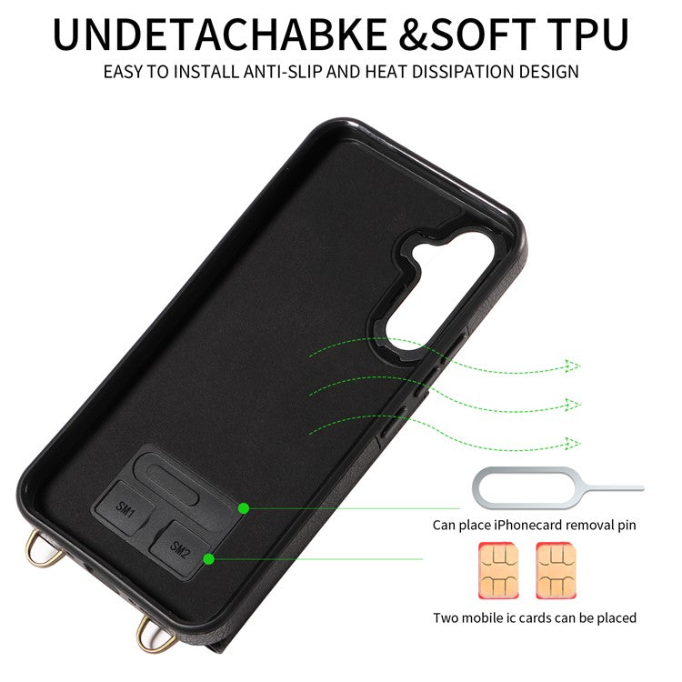 002 For Samsung Galaxy A54 5G Case Leather Card Holder Phone Case Crossbody Strap - Black