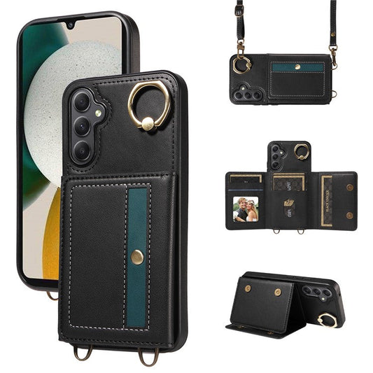 007 For Samsung Galaxy A34 5G Case Calf Texture Leather Phone Back Cover with Lanyard Ring Holder - Black
