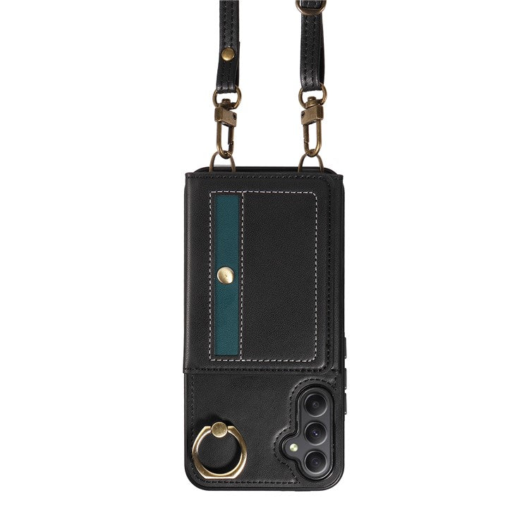 007 For Samsung Galaxy A34 5G Case Calf Texture Leather Phone Back Cover with Lanyard Ring Holder - Black