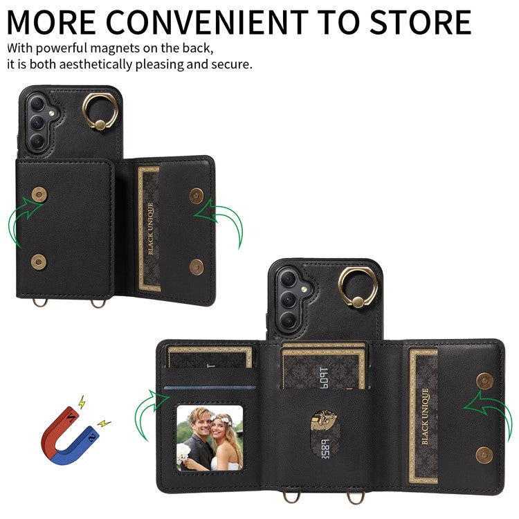 007 For Samsung Galaxy A34 5G Case Calf Texture Leather Phone Back Cover with Lanyard Ring Holder - Black