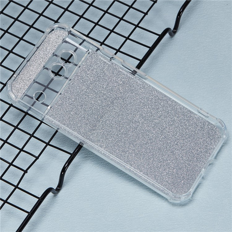 For Google Pixel 8a Case Reinforced Corners TPU Phone Cover with Card Paper - Glitter Silver