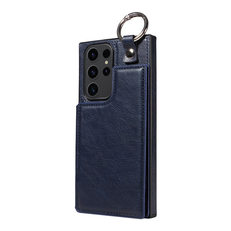 003 For Samsung Galaxy S23 Ultra Case Ring Buckle Card Holder Leather Phone Back Cover Litchi Texture - Sapphire