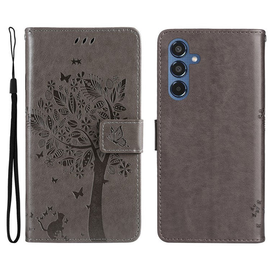 For Samsung Galaxy M35 5G Phone Case with Stand Cat Tree Pattern Leather Wallet Mobile Cover - Grey
