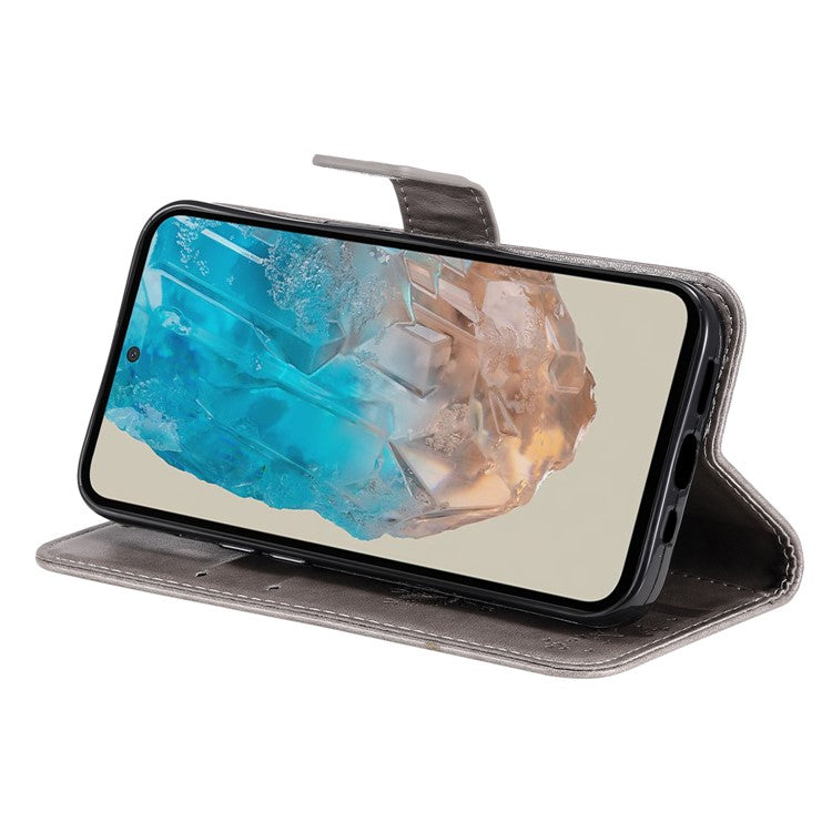 For Samsung Galaxy M35 5G Phone Case with Stand Cat Tree Pattern Leather Wallet Mobile Cover - Grey