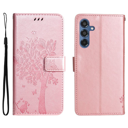 For Samsung Galaxy M35 5G Phone Case with Stand Cat Tree Pattern Leather Wallet Mobile Cover - Rose Gold