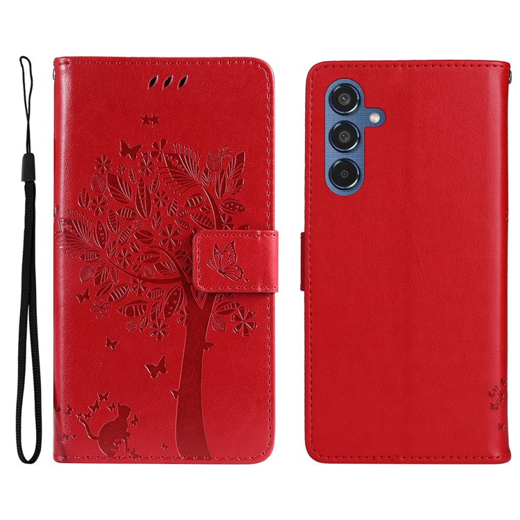 For Samsung Galaxy M35 5G Phone Case with Stand Cat Tree Pattern Leather Wallet Mobile Cover - Red