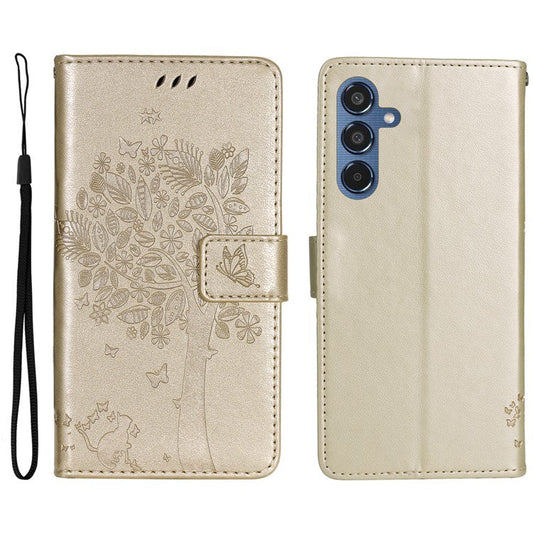 For Samsung Galaxy M35 5G Phone Case with Stand Cat Tree Pattern Leather Wallet Mobile Cover - Gold