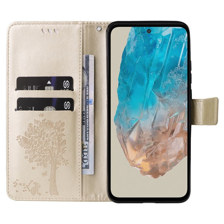 For Samsung Galaxy M35 5G Phone Case with Stand Cat Tree Pattern Leather Wallet Mobile Cover - Gold