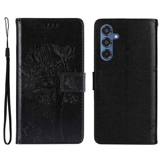 For Samsung Galaxy M35 5G Phone Case with Stand Cat Tree Pattern Leather Wallet Mobile Cover - Black