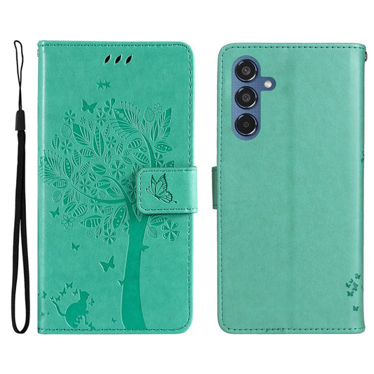 For Samsung Galaxy M35 5G Phone Case with Stand Cat Tree Pattern Leather Wallet Mobile Cover - Green