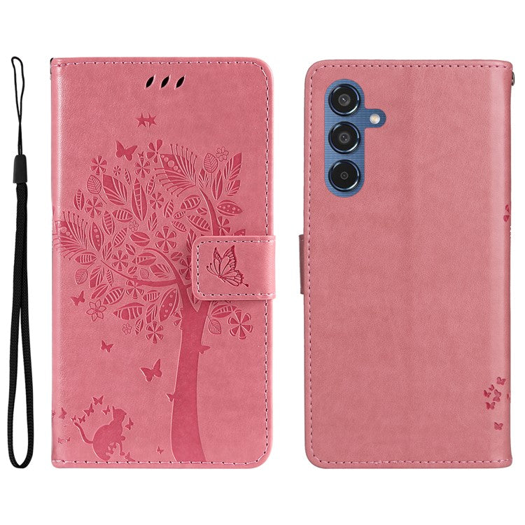 For Samsung Galaxy M35 5G Phone Case with Stand Cat Tree Pattern Leather Wallet Mobile Cover - Pink