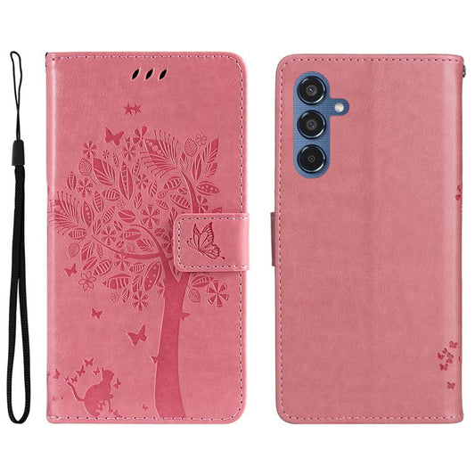 For Samsung Galaxy M35 5G Phone Case with Stand Cat Tree Pattern Leather Wallet Mobile Cover - Pink