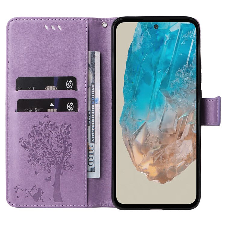 For Samsung Galaxy M35 5G Phone Case with Stand Cat Tree Pattern Leather Wallet Mobile Cover - Light Purple