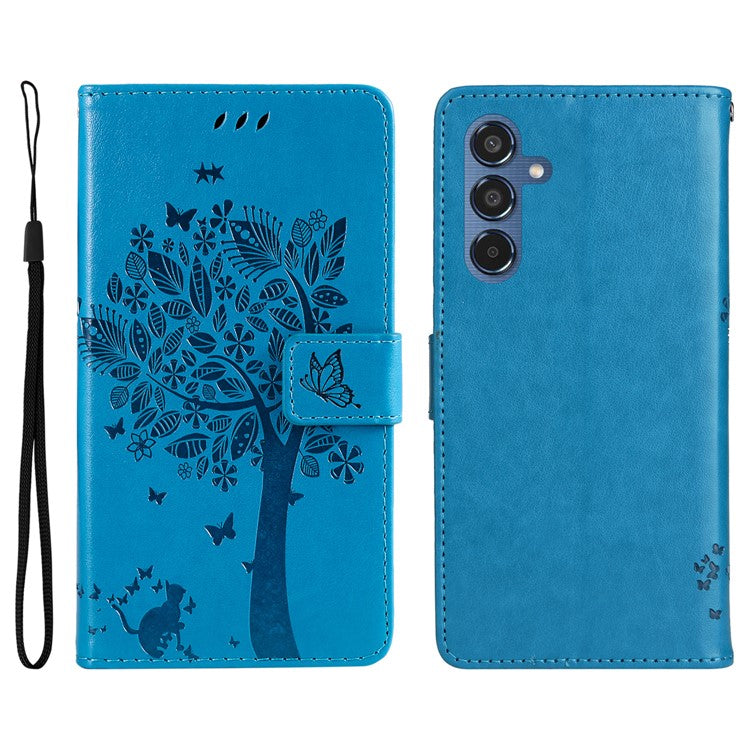 For Samsung Galaxy M35 5G Phone Case with Stand Cat Tree Pattern Leather Wallet Mobile Cover - Blue