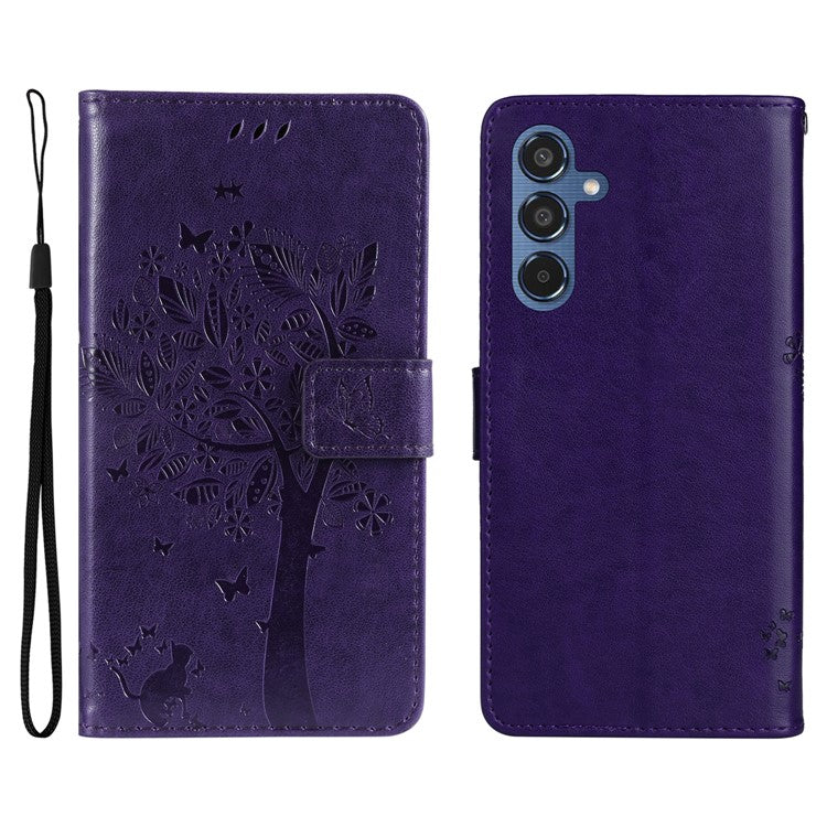 For Samsung Galaxy M35 5G Phone Case with Stand Cat Tree Pattern Leather Wallet Mobile Cover - Purple